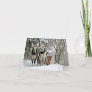Two Horse Drawn Open Sleigh on Snowy Path in Woods Holiday Card