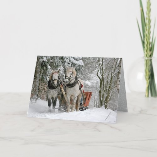 Two Horse Drawn Open Sleigh on Snowy Path in Woods Holiday Card