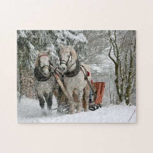 Two Horse Drawn Open Sleigh on Snowy Path in Woods Jigsaw Puzzle