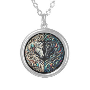 Two horse heads facing each other silver plated necklace