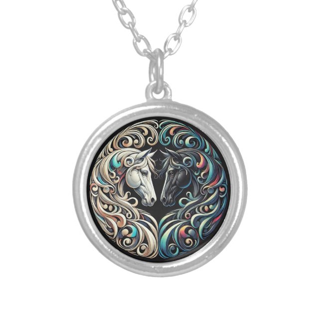 Two horse heads facing each other silver plated necklace (Front)