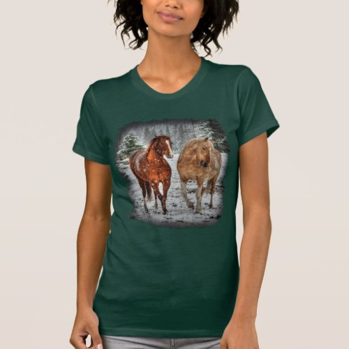 Two Horse Sweethearts in the Snow Photo Art T_Shirt