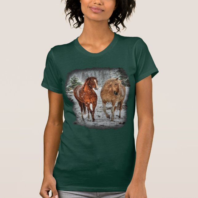 Two Horse Sweethearts in the Snow Photo Art T-Shirt (Front)