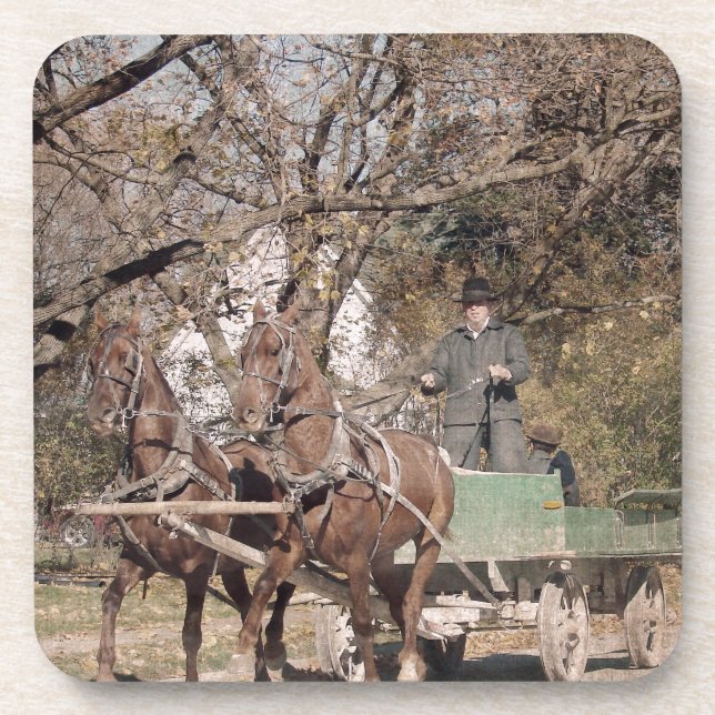 Two Horse Team and Wagon Beverage Coaster (Front)