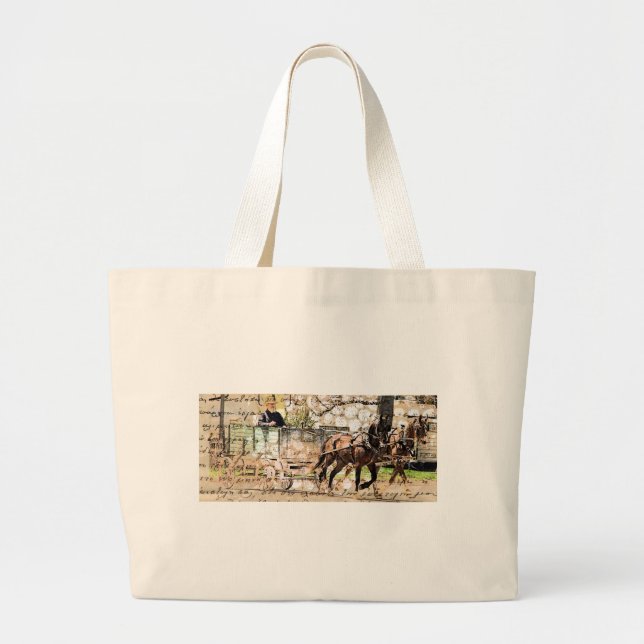 Two Horse Team Mixed Media Collage Large Tote Bag (Front)