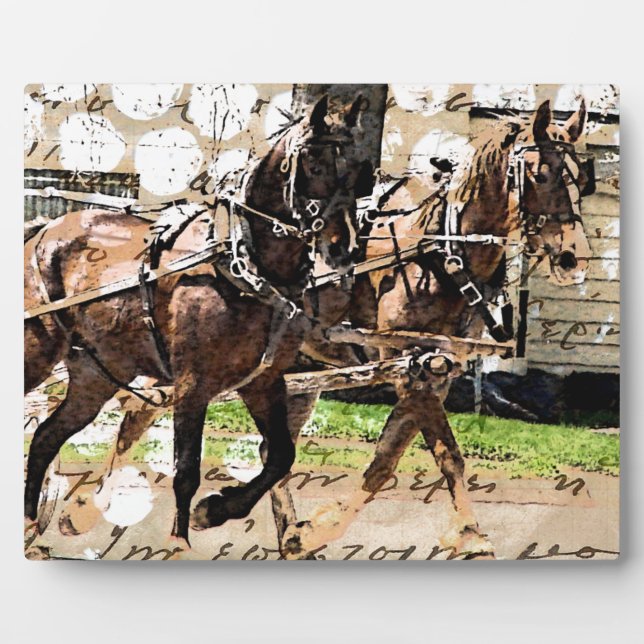 Two Horse Team Mixed Media Collage Plaque (Front)