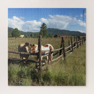Two Horses At Rustic Log Pole Fence Photography Jigsaw Puzzle