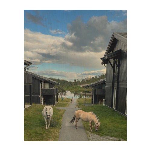 Two horses by the lake wood wall art