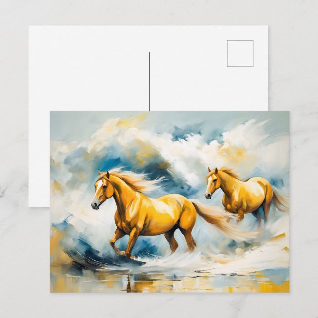 Two Horses Galloping Through Shallow Water Postcard (Front/Back)