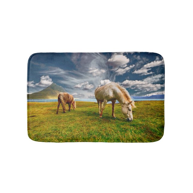 Two Horses Grazing in Pasture Bathroom Mat (Front)