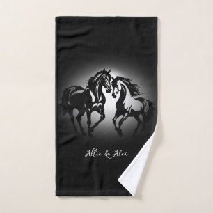 Two horses in love black white horse lover couple hand towel