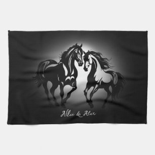 Two horses in love black white horse lover couple kitchen towel