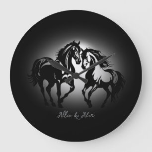 Two horses in love black white horse lover couple large clock