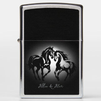 Two horses in love black white horse lover couple zippo lighter