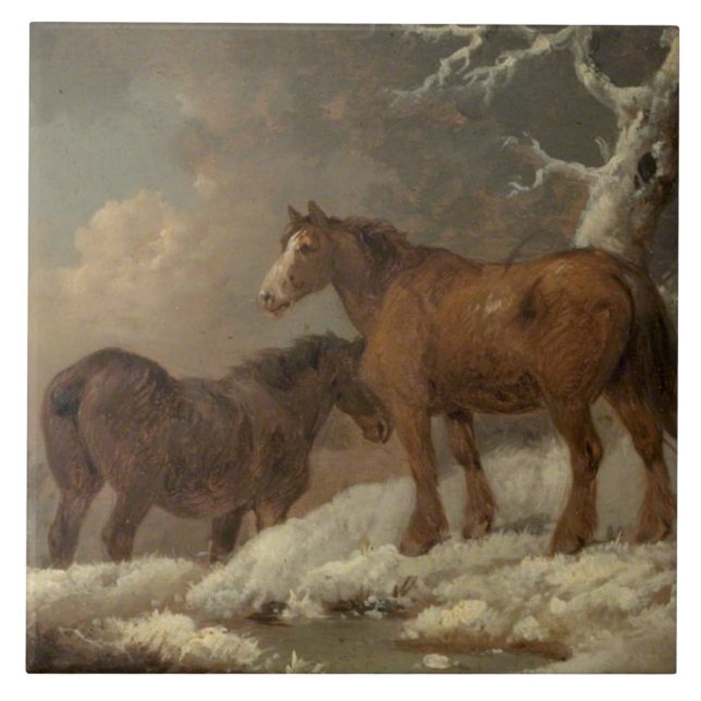 Two Horses in the Snow (Winter Scene) Ceramic Tile (Front)