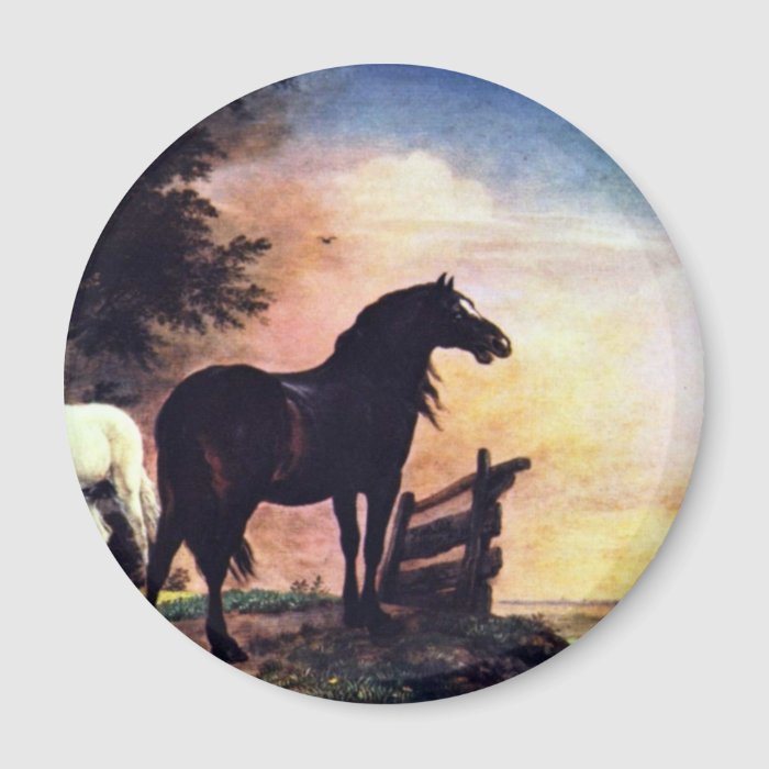 Two Horses Near A Gate In The Meadow [1]. Refrigerator Magnet