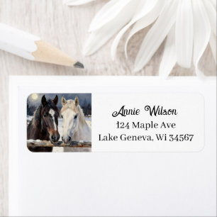 Two Horses on a Snowy Farm   Personalized Label