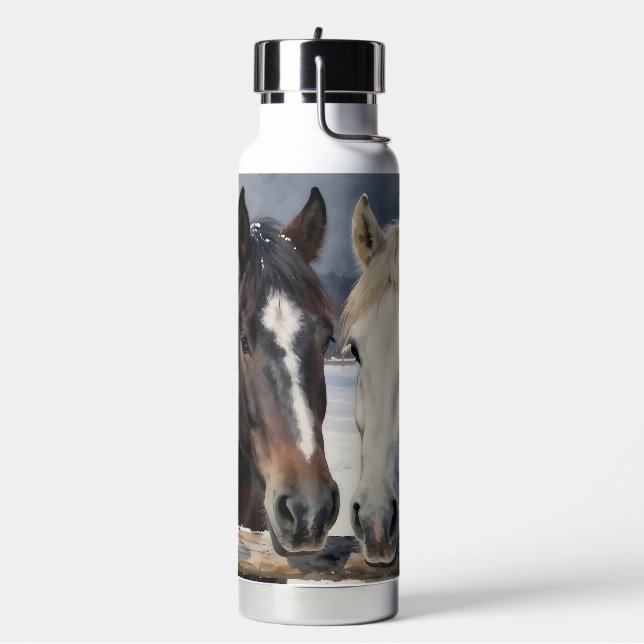 Two Horses on a Snowy Farm | Personalized Water Bottle (Left)