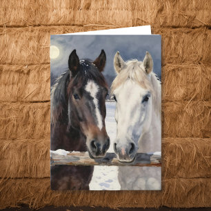 Two Horses on a Snowy Farm Thinking About You Card