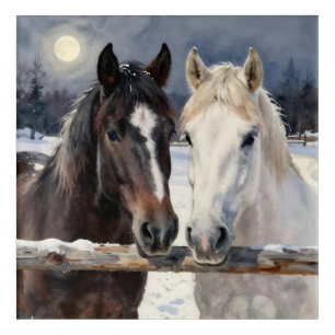 Two Horses on a Snowy Farm Under the Moon Acrylic Print