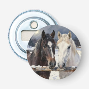 Two Horses on a Snowy Farm Under the Moon Bottle Opener