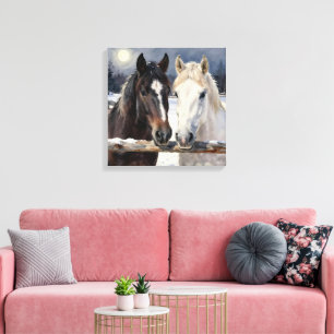 Two Horses on a Snowy Farm Under the Moon Canvas Print