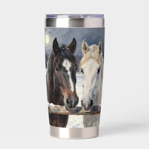 Two Horses on a Snowy Farm Under the Moon Insulated Tumbler