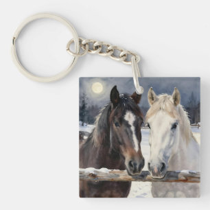 Two Horses on a Snowy Farm Under the Moon Keychain