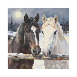 Two Horses on a Snowy Farm Under the Moon Metal Print