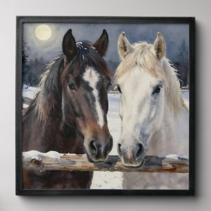 Two Horses on a Snowy Farm Under the Moon Peel And Stick Photo Tile