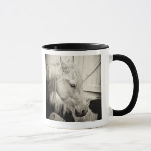 two horses outside a stable- black and white mug