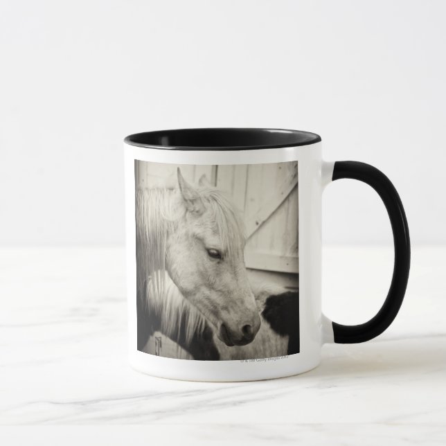two horses outside a stable- black and white mug (Right)
