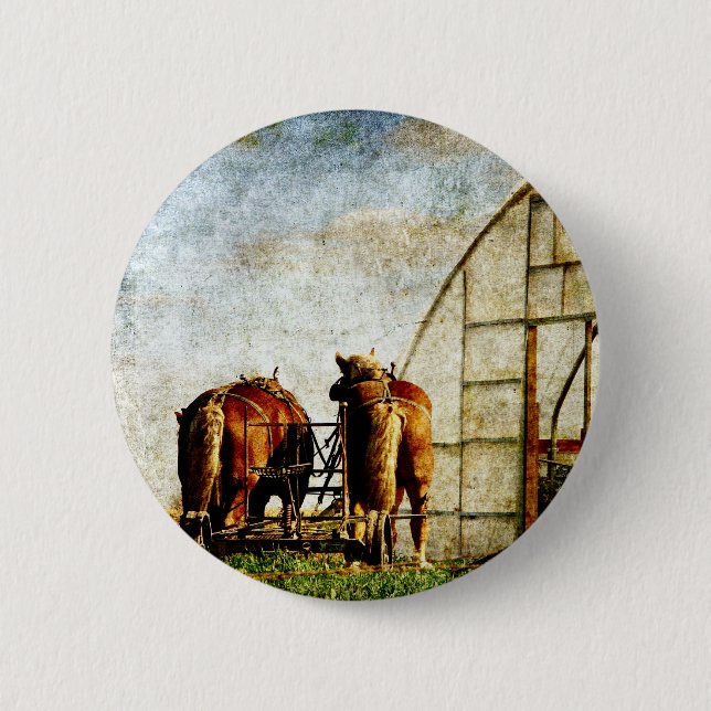 Two Horses Ready For Work Pinback Button (Front)