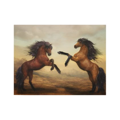 Two Horses Rearing Wood Poster