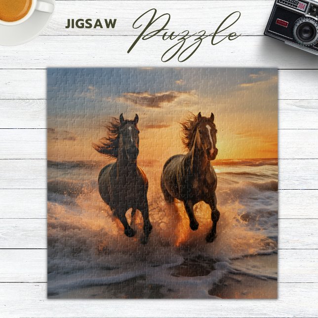 Two horses running on the beach in sunset jigsaw puzzle (Horse cantering on the beach Puzzle)