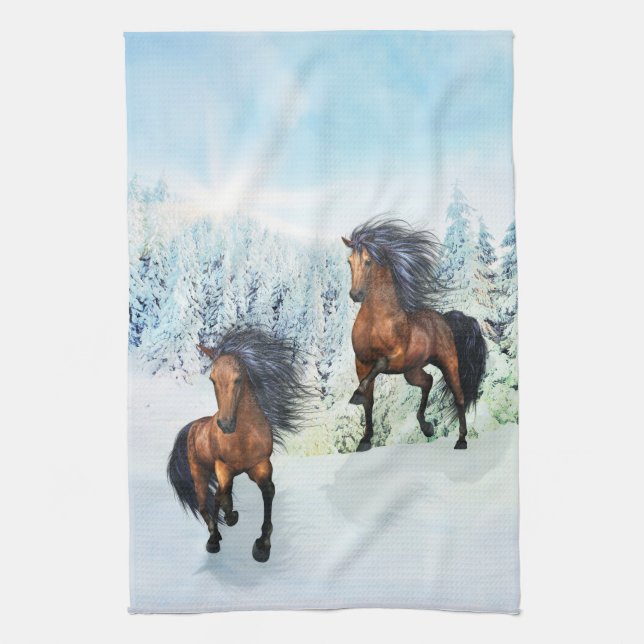 Two Horses Snowy Scene Towel (Vertical)