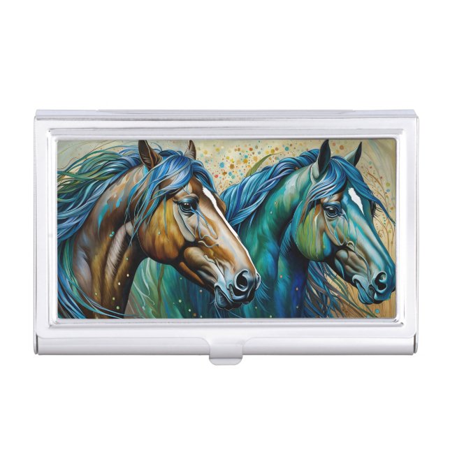 Two Horses Teal blue green brown Business Card Case (Front)