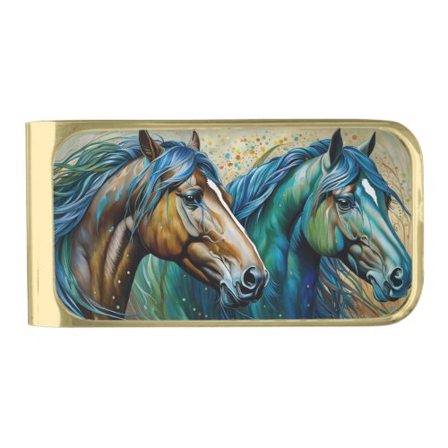 Two Horses Teal blue green brown Gold Finish Money Clip