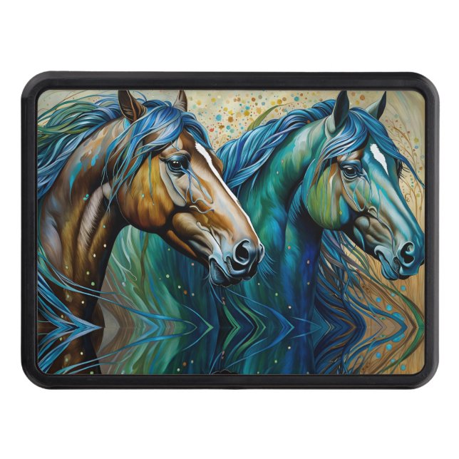 Two Horses Teal blue green brown Hitch Cover (Front)