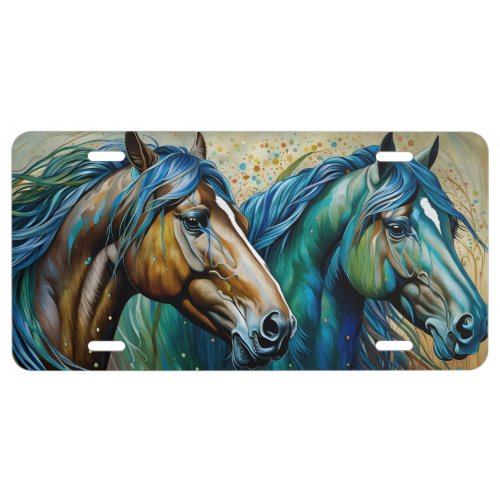 Two Horses Teal blue green brown License Plate