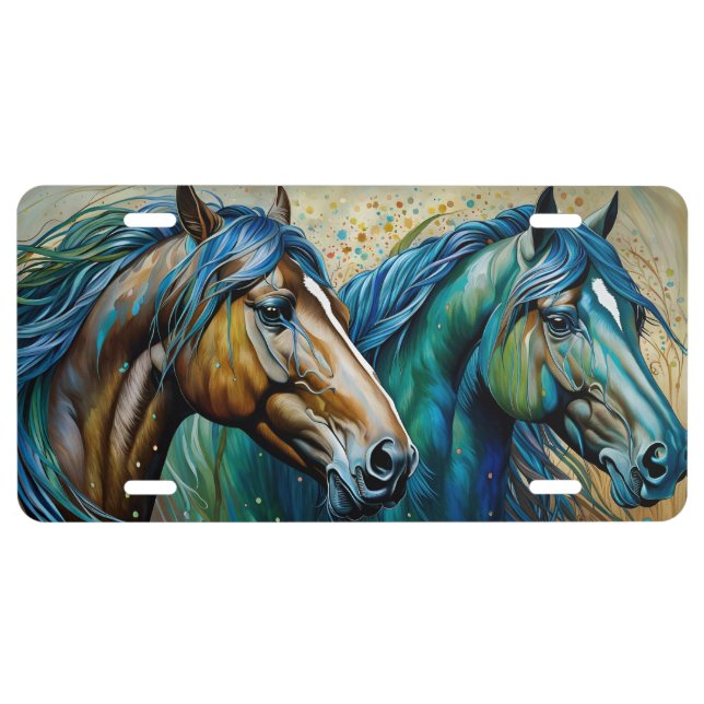 Two Horses Teal blue green brown License Plate (Front)