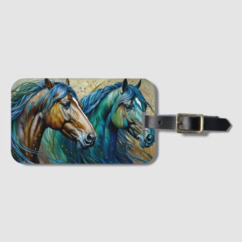 Two Horses Teal blue green brown Luggage Tag