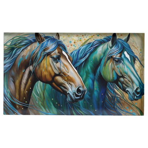 Two Horses Teal blue green brown Place Card Holder