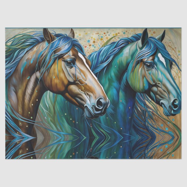 Two Horses Teal blue green brown Tissue Paper (Front)