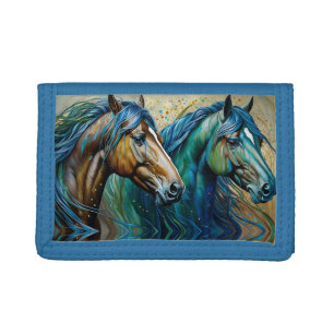 Two Horses Teal blue green brown Tri-fold Wallet