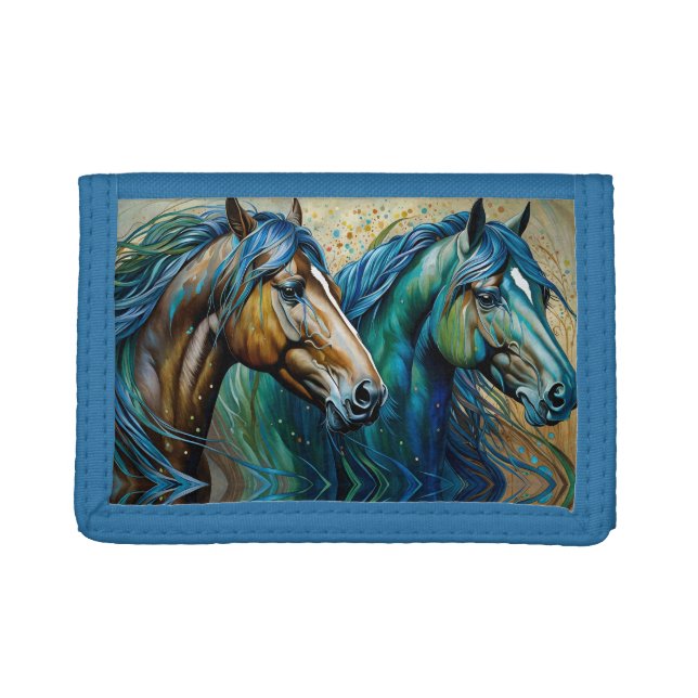 Two Horses Teal blue green brown Trifold Wallet (Front)