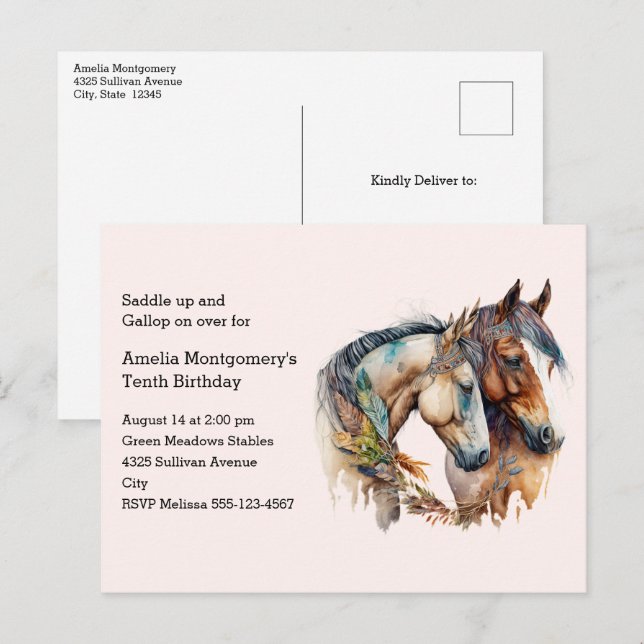 Two Horses with Feather Décor Boho Birthday Party Invitation Postcard (Front/Back)