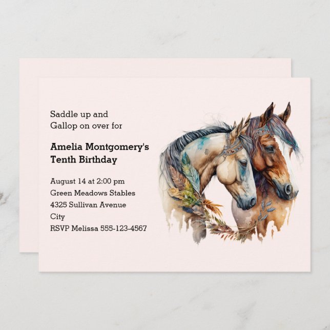 Two Horses with Feather Decorations Boho Birthday Invitation (Front/Back)