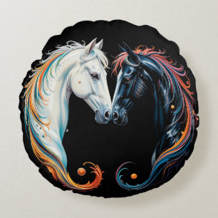 Two Horses with Flowing Multicolored Manes Round Pillow