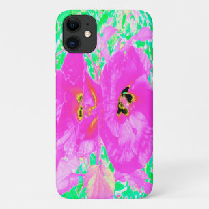 Two Hot Pink Plum Crazy Hibiscus on Lime Green iPhone 11 Case